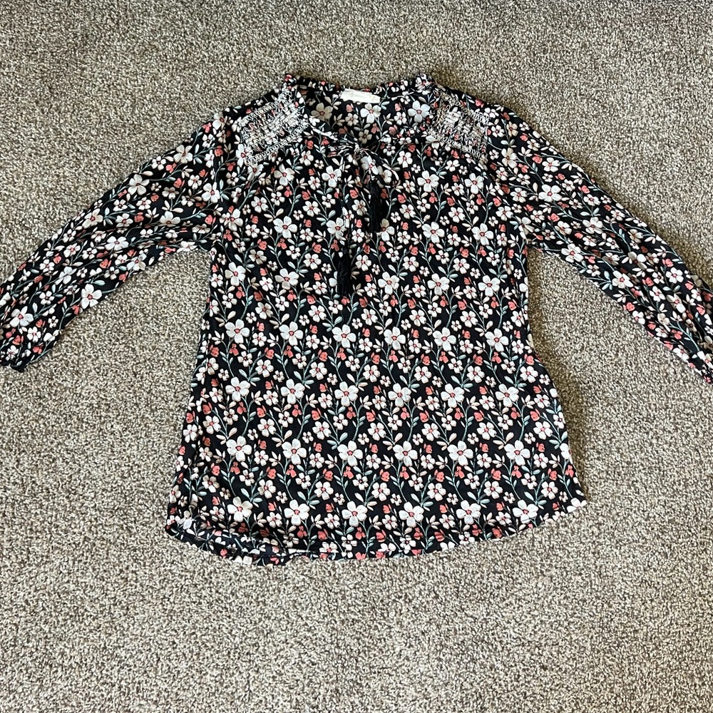 3/4 Sleeve Floral Blouse with Tie Neck